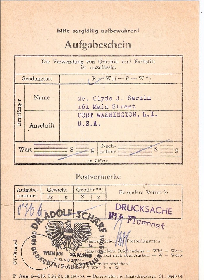 Austria '65 Memorial Exhibition Dr. Adolf Scharf cancel  Postal Receipt - Image 1 of 1
