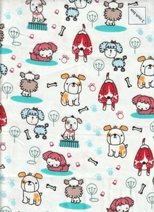 1/2 Yard FLANNEL Doodled Little Dogs Coral Aqua Tan on White BTHY 100% Cotton - Picture 1 of 2