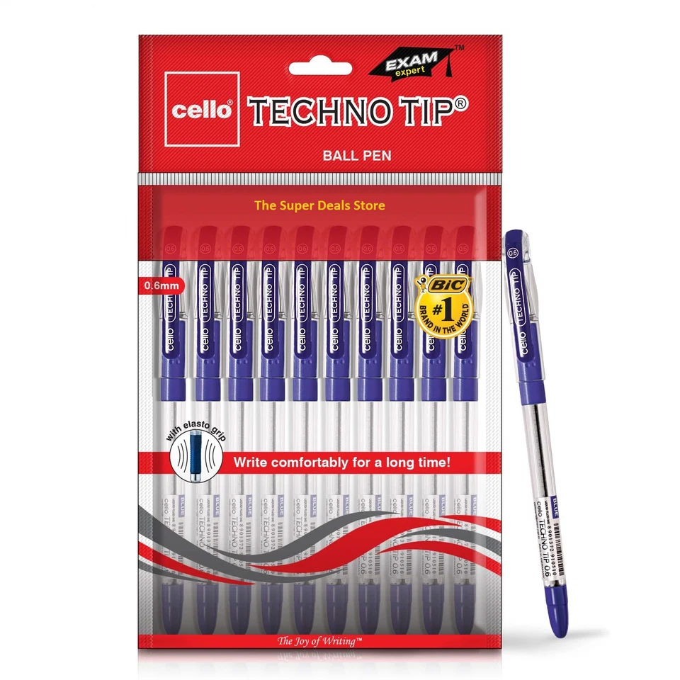 Cello Technotip Ball Pen Set Pack of 10 Blue Ink System for Smooth Writing