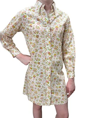 Vtg 60s Sz M~L SHIRT DRESS MOD NOVELTY PRINT Button Down Floral Record Player - Image 1 of 4
