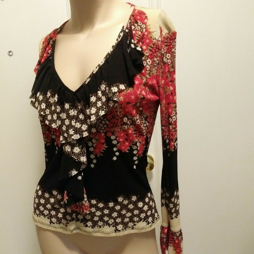 Top Kay Celine maglia nero rosso bianco stampa fiori tg PS