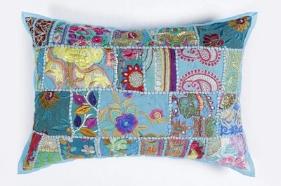 Vintage Patchwork Cushion Cover 16"x24" Decorative Indian Embroidery Boho Pillow - Image 1 of 4
