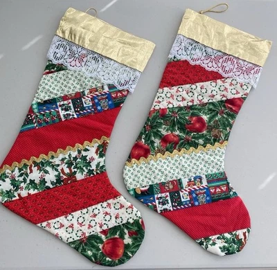 一对手工制作圣诞长袜拼布绗缝带蕾丝金色装饰 18 — 第 1/4 张图片