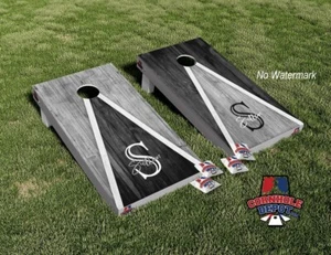 Black and Gray Wood Monogram Triangle Cornhole Board Vinyl Wrap Laminated Set - Picture 1 of 5