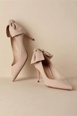 SCHUTZ 10 NUDE NUBUCK SUEDE BACCA HEELS BOW PUMP BRAZIL BHLDN BRIDAL $190 EUC - Image 1 of 4