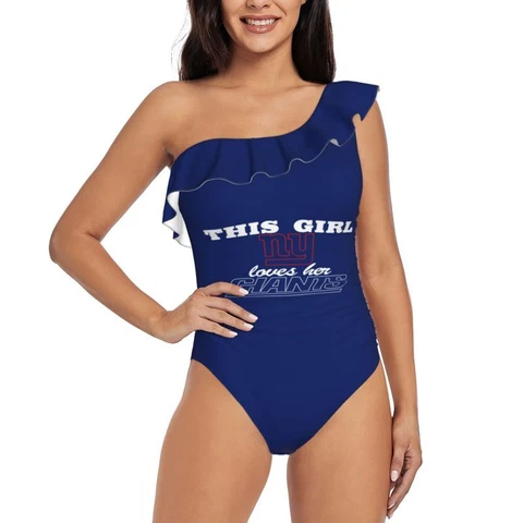 This Girl Loves Her New York Giants Women's One Shoulder Ruffle Swimsuits Cover