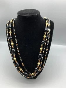 Three Strand Beaded Necklace 29" Black-Bronze-Gold-Copper Beads - Picture 1 of 8