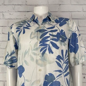 Tori Richard Shirt Men's Medium 100% Linen Button Up Hawaiian Floral Shirt Blue - Picture 1 of 10