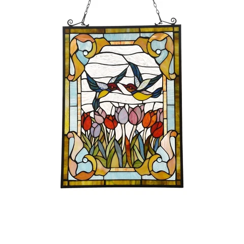 25" x 18" Tiffany Style Sweet Floral Garden Birds Stained Glass Window Panel Cover