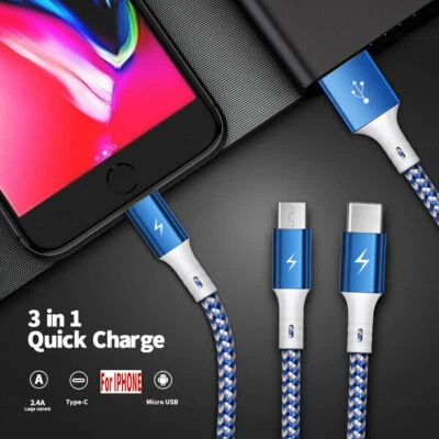 Universal 3 in 1 Multi USB Cable Fast Charger Type C Lead For IOS Samsung Phone - Image 1 of 4