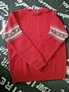 Boys L 12-14 Dark Red Gray Cotton SWEATER Classic Ski Fair Isle PULLOVER Youth - Picture 1 of 10