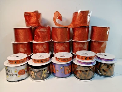 28 HALLOWEEN Inspired Ribbons in a lot, trick or treat, bats, pumpkins, orange - Image 1 of 4