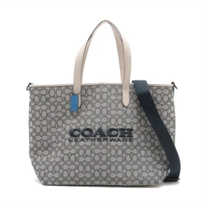 COACH Logo Canvas & Leather 2 Way Tote Bag Blue x gray - Picture 1 of 15