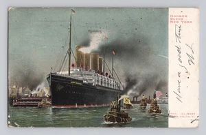 1906 cartolina postale Kaiser Wilhelm II piroscafo al porto di New York Oceanliner - Foto 1 di 2