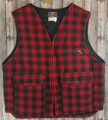 Johnson Woolen Mills quilted lined Wool Vest Sz XL c: Red Buffalo Plaid Made USA - Image 1 of 4
