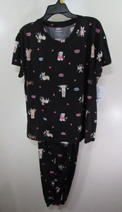 New Joyspun Ladies Short Sleeve Pajama Set Size L 12 14 Black Dogs - Picture 1 of 5