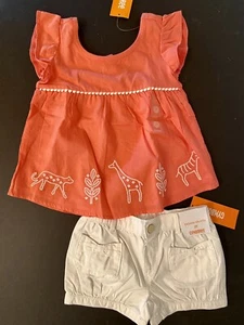 NWT Girls 2T SUNNY SAFARI Cotton CORAL/WHITE Giraffe TOP+BUBBLE SHORTS - Picture 1 of 4