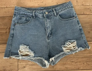 Shein Ripped Distressed Medium Wash Raw Hem Blue Denim Shorts Women Size Medium - Picture 1 of 3