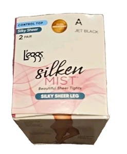 2-Pair ~ L'eggs Silken Mist ~ Sheer Leg ~ JET BLACK ~ Size A Small ~ Tights - Picture 1 of 7