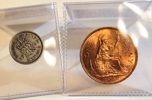 Lucky Wedding Coin Set Older SILVER UK Sixpence to Bride Large GB Penny to Groom - Picture 1 of 7