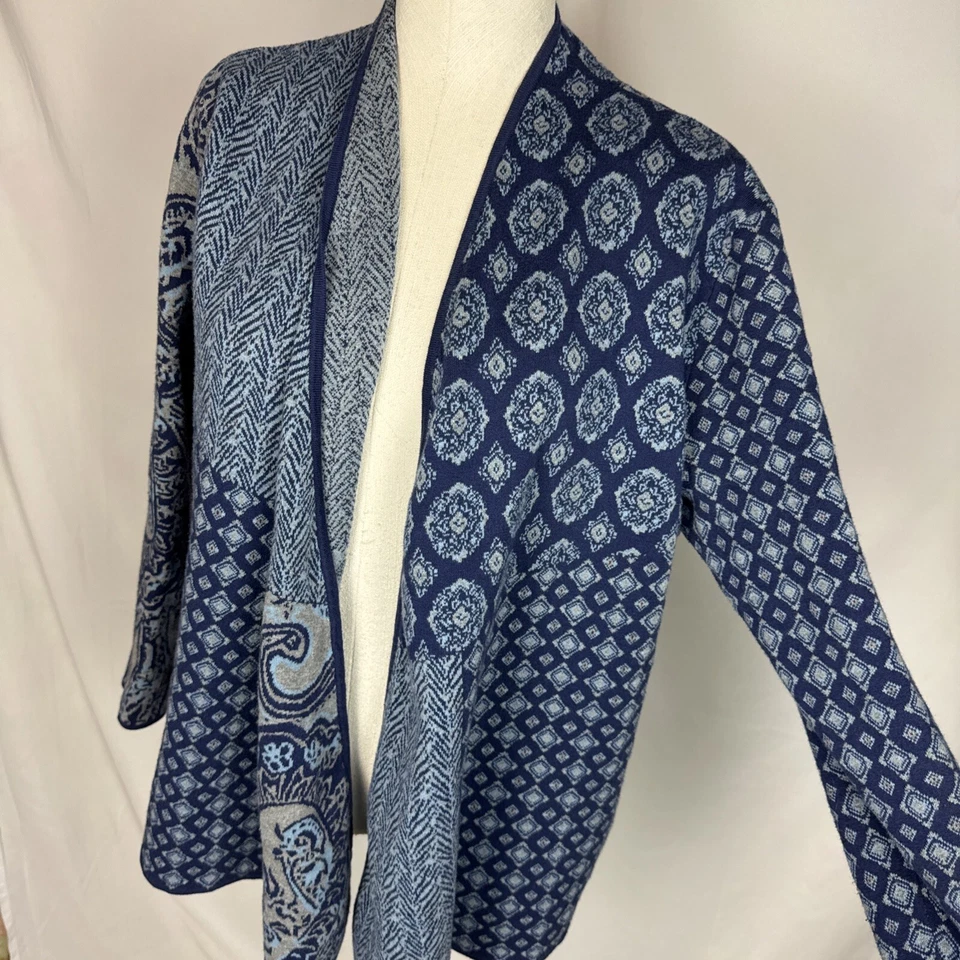 J Jill Paisley LARGE Patchwork 100% Cotton Blue Cardigan Light Sweater Jacket - Image 1 of 4
