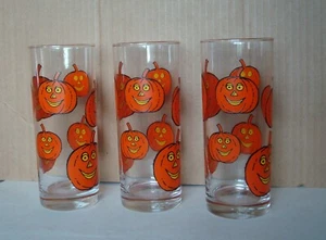 3 Creepy Smiling Jack O Lantern Pumpkin Drinking Glasses, Ocean Thailand, 6-3/4" - Picture 1 of 3