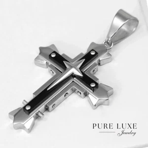 Herren Silber Edelstahl, Kreuz 75mm Anhänger Hochglanzpoliert * Unisex + Box - Bild 1 von 3