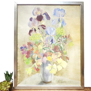 Vintage Watercolour Painting Flowers Framed Original Signed Still Life Iris Vase - Picture 1 of 14