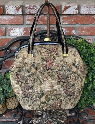 Vintage Floral Tapestry Carpetbag Purse W/Patent Leather Accents & Gold Interior - Image 1 of 4