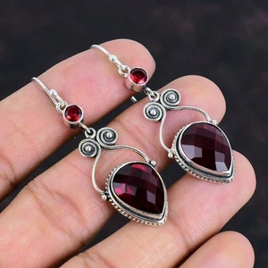 Elegant Garnet Gemstone Pear Shape Sterling Silver Handmade Earrings - Picture 1 of 4
