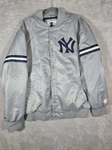 Vintage NY Yankees Starter Satin Bomber Jacket XL Silver Gray Blue White Stripes - Picture 1 of 9