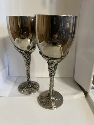 VTG Godinger Lot Of 2 Goblets Cup Grape Vine Leaf Design Silver Plate Holds 8 OZ - Image 1 of 4