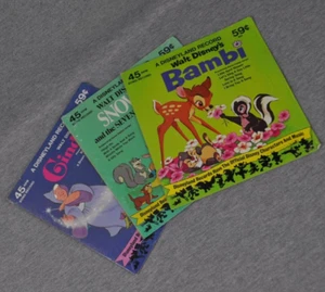Disneyland Records Bambi Cenicienta Blancanieves 45 RPM Canción Disco 1975 Lote de 3 - Imagen 1 de 13