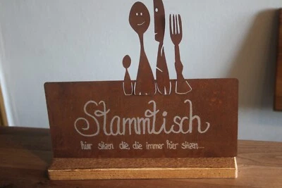 Metallschild "Stammtisch - hier sitzen ..." Edelrostschild auf Holzsockel, 30x29 - Bild 1 von 3