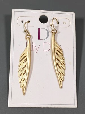 Lilly Dilly Brushed Gold Tone Feather Dangle Earrings Boho Beachy - Image 1 of 4