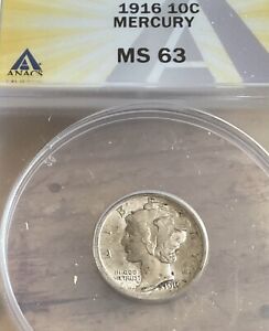 1916 Mercury Dime ANACS MS63 nice looking coin!