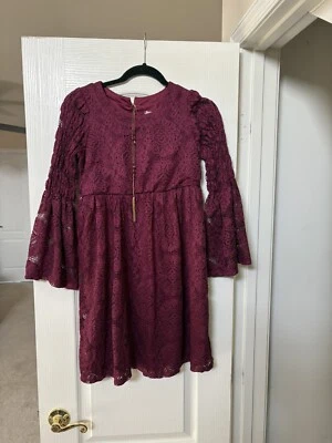 Vestido largo de encaje sin palabras borgoña manga campana con collar, niñas talla 16 Foto 1 de 4