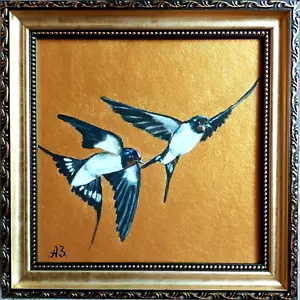 Swallow Bird painting Couple of swallows Art Gold Framed Fly Bird Artwork - Picture 1 of 12