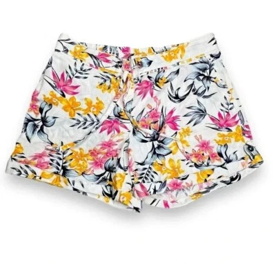 Pantalones Cortos de Lino Estampado Floral Tropical Per Se Cintura Elástica Corbata Grande Foto 1 de 4