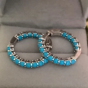 Turquoise C Hoop Earrings Women gift Carolyn Pollack Relios 925 Sterling Silver - Picture 1 of 8