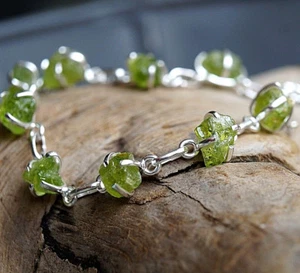 Handarbeit Armband 18,5 - 21 cm Kette Silber Rohstein Peridot Grün Schlicht Roh - Bild 1 von 9