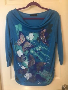 EUC Style & Co Blue BUTTERFLY BOATNECK RUCHED Tunic Top Size MEDIUM PETITE - Picture 1 of 10
