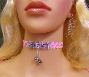 Any Size Personalized Choker Pink Lace Cum Slut Bells BDSM DDLG Plus Sissy Cute - Picture 1 of 9