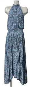 WHITE HOUSE BLACK MARKET WHBM BLAU GEBLÜMT ÄRMELLOS PLISSEE NECKHOLDER MIDIKLEID 8 - Bild 1 von 9