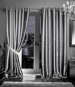 Eyelet Curtain Thermal Blackout Satin Ready Made Pair Diamante Tiebacks - Picture 1 of 12
