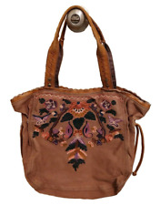 Lucky Brand Embroidered Canvas Boho Handbag Hobo Tote Leather Trim & Handles