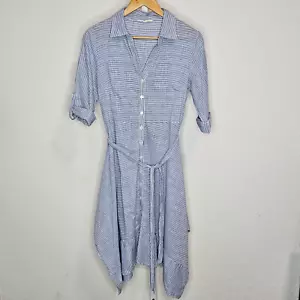 Parallel Skies Blue White Stripe Pinstripe Coastal Nautical Asymmetrical Dress S - Picture 1 of 6