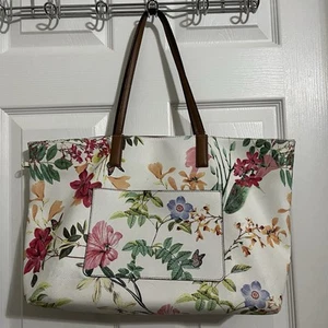 Apt. 9 geblümte & weiße Beuteltasche mit braunen Trägern und abnehmbarem extra Beutel - Bild 1 von 7