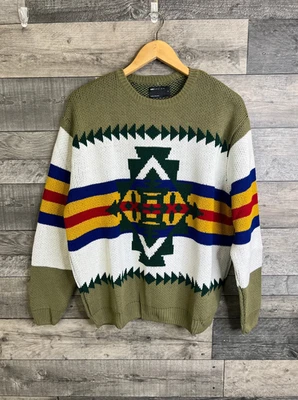 ASOS Design Mens Jumper Size Small Khaki Green Aztec Knit Sweater Pullover - Image 1 of 4