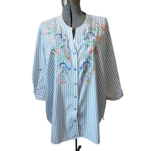 Quacker Factory 3X Striped Embroidery Buttons 3/4 Roll Tab Sleeve Blouse Tunic - Picture 1 of 11